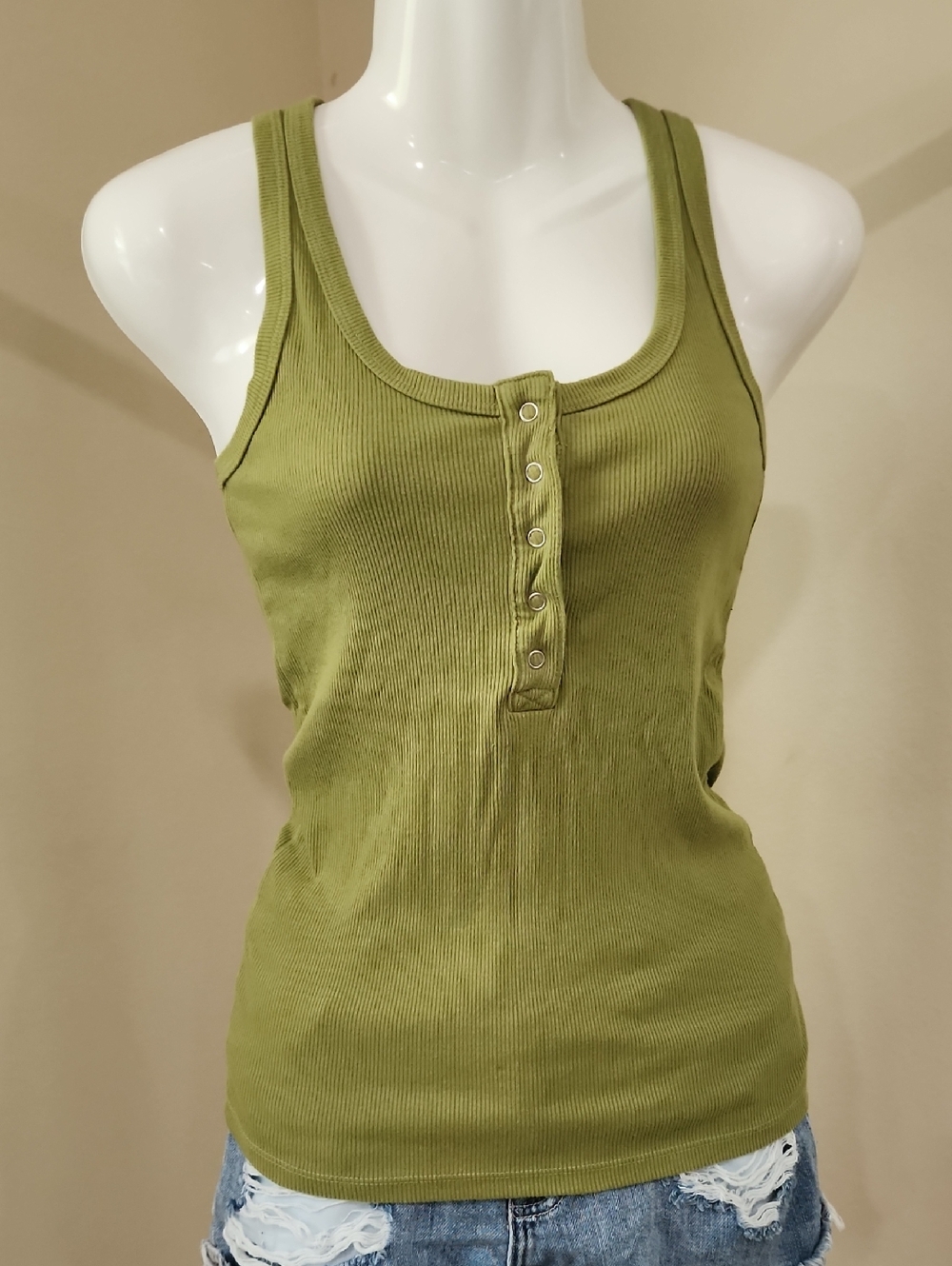 SO Olive Ribbed Henley Tank Top
